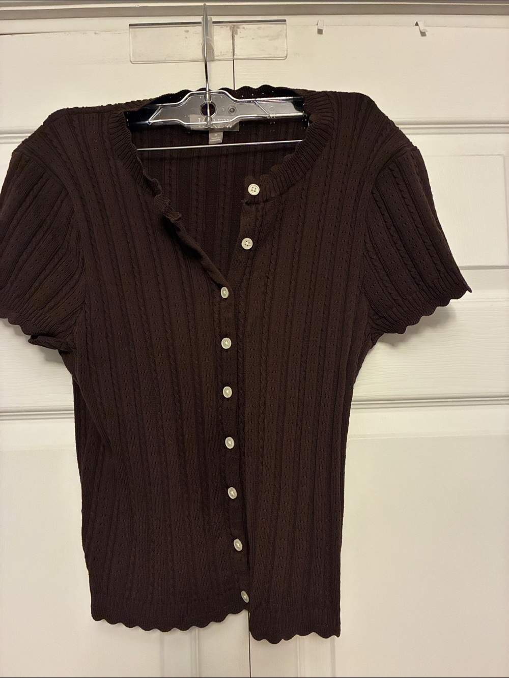 J.Crew Jackie Pointelle Short-Sleeve Cardigan Sweater Brown M